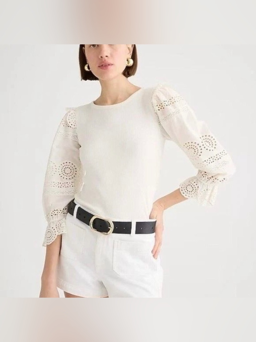 J. Crew Women's White Eyelet Puff Sleeve Top
